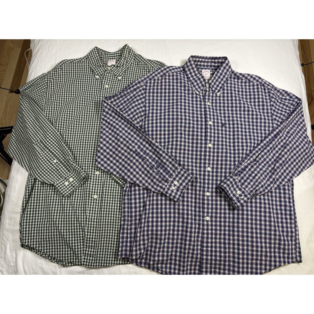 Brooks Brothers 346 Men's L Lot Of 2 Button Down Shirts Gingham Plaid Green Blue